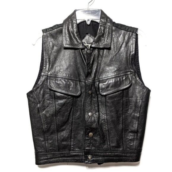 VINTAGE Leather Moto Pocket Snap Front Vest S - Picture 6 of 6
